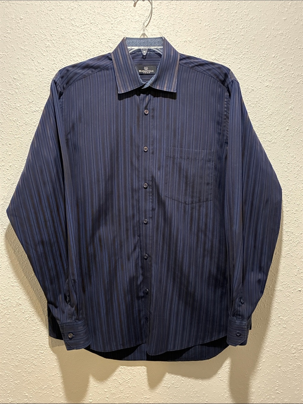 Bugatchi Navy and Black/Brown Vertical Stripe Dress Shirt